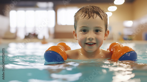 A young boy, with floaties on his arms, takes his first swim strokes in a pool. His face is full of concentration and excitement as he learns a valuable new skill, ideal for conten photo