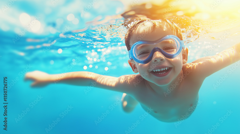 Fototapeta premium A little boy learning to swim in a bright, clear swimming pool, supported by a parent or instructor. His excitement and determination reflect the joy of mastering a new skill, maki