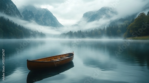 Misty lake in autumn with a solitary yellow boat floating quietly at dawn