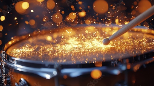 Water splashes dramatically over a wooden drum during a dynamic music perform...