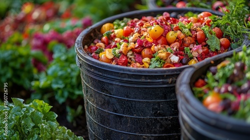 Colorful flower pot filled with organic mulch surrounded by vibrant blooms in...