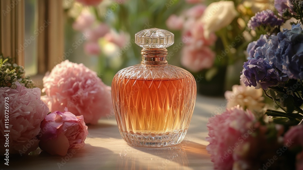Elegant perfume bottle surrounded by blooming flowers in soft natural light Elegant perfume bottle surrounded by blooming flowers in soft natural light