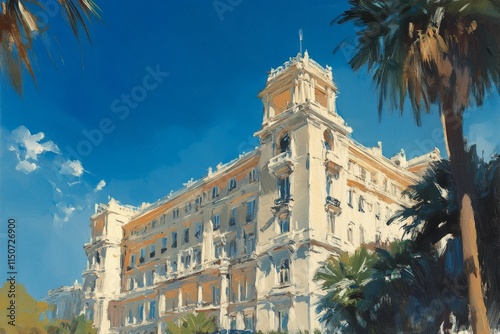 Colorful architectural detail of a historic building under a bright blue sky
