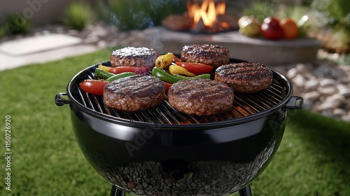 Grilling delicious beef patties with fresh herbs and cherry tomatoes in the s...