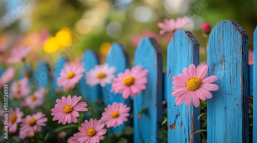 Colorful flowers blooming beside a vibrant blue fence in sunny outdoor setting