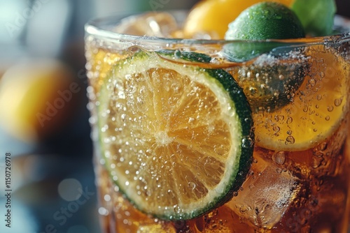 Refreshing citrus drink with bubbles and vibrant fruit slices in a clear glass