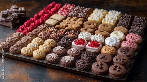 Delicious assorted holiday cookies on a wooden platter with festive decorations