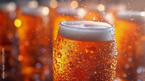 Pouring a cold beverage into a sparkling glass with festive lights in the bac...