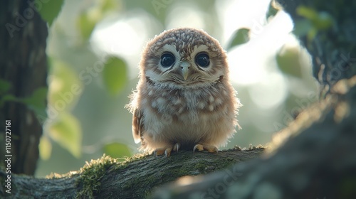 Curious owl perched on a branch in a lush forest during daytime