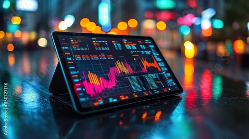 Digital trading display showcases market trends at night in a vibrant city