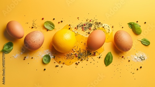 Lemons and eggs on a vibrant yellow background