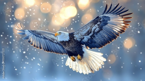 Majestic bald eagle soaring above snow-covered mountains under clear blue sky