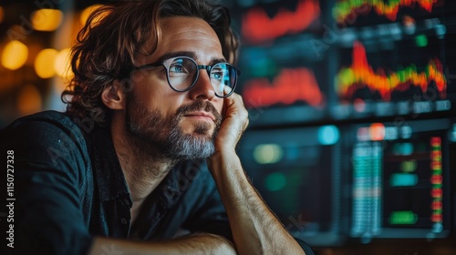 Reflective trader analyzing market trends in a modern financial environment a...