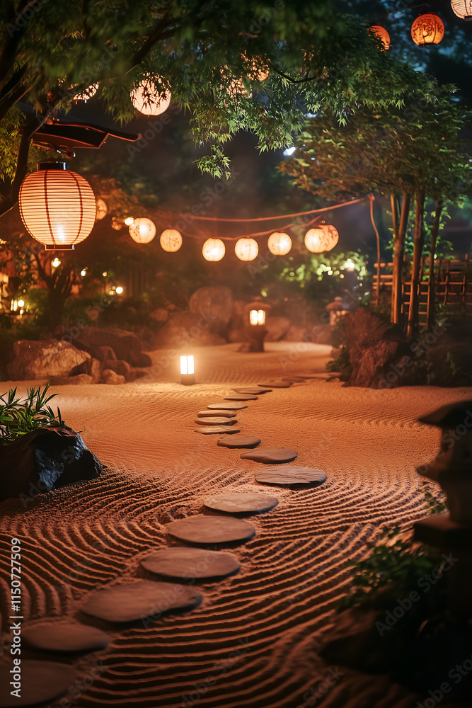 Obraz premium Zen garden meditation celebration under paper lanterns