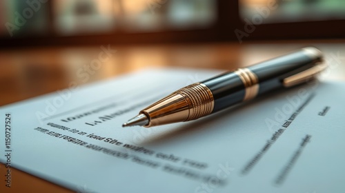 Golden fountain pen resting on a sheet of paper beside a wooden surface