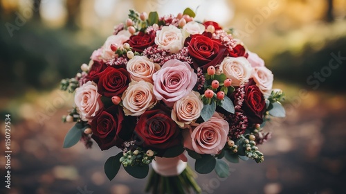 Beautiful bouquet of red and pink roses with greenery in autumn light