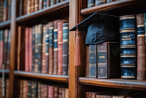 Graduation cap resting on a wooden shelf filled with classic books in a library