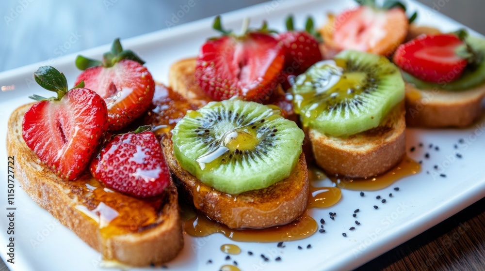 Colorful Fruit Topped Toast with Syrup and Honey Drizzle on Plate Colorful Fruit Topped Toast with Syrup and Honey Drizzle on Plate