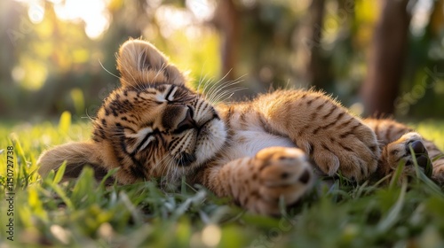 Lion cub sleeping peacefully in the grass at a wildlife reserve during the af...