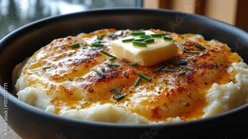 Creamy mashed potatoes topped with butter and chives in a rustic bowl