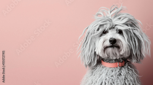 Portrait of a Puli dog with gray corded hair on a pale pink background