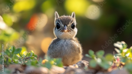 Tiny bird chick peeks through lush green foliage in a serene natural setting
