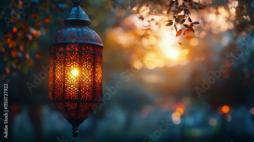 Lantern glowing in twilight with intricate patterns surrounded by lush greene...