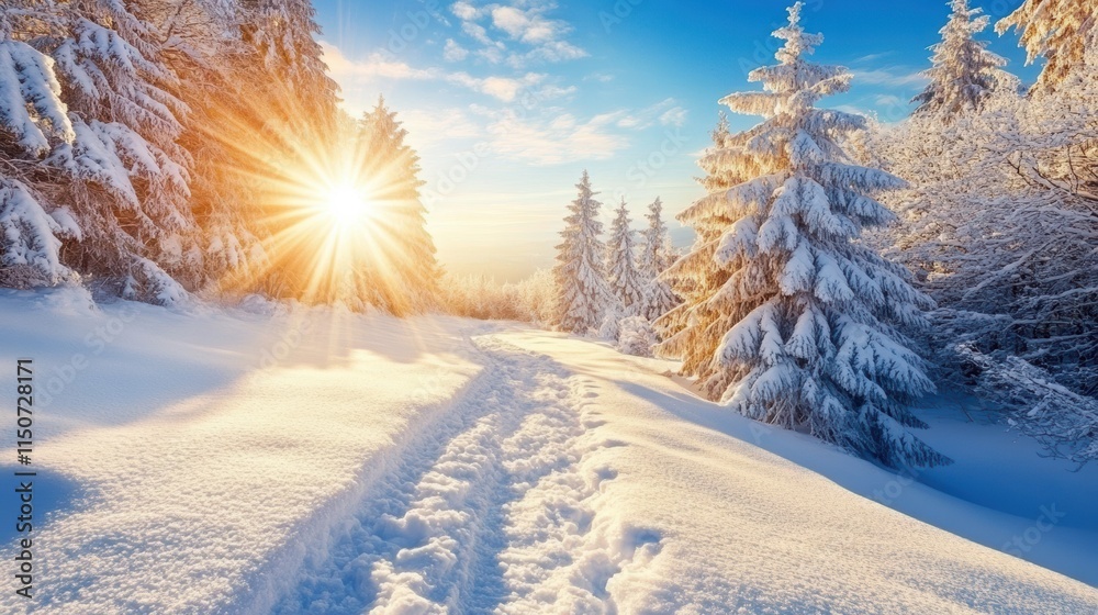 Snowy forest path with fir trees and blue sky Snowy forest path with fir trees and blue sky