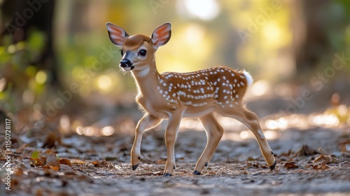 Fawn walking gracefully through autumn forest surrounded by fallen leaves