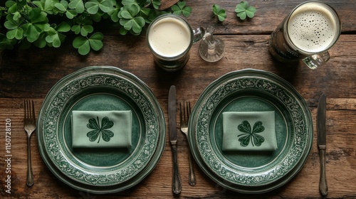 Festive St Patricks Day table setting with green decorations and candles