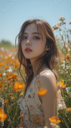 Beautiful young woman smiling in a flower field during a sunny day under blue...