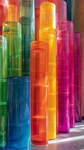 Colorful transparent cylindrical structures create a vibrant artistic install...