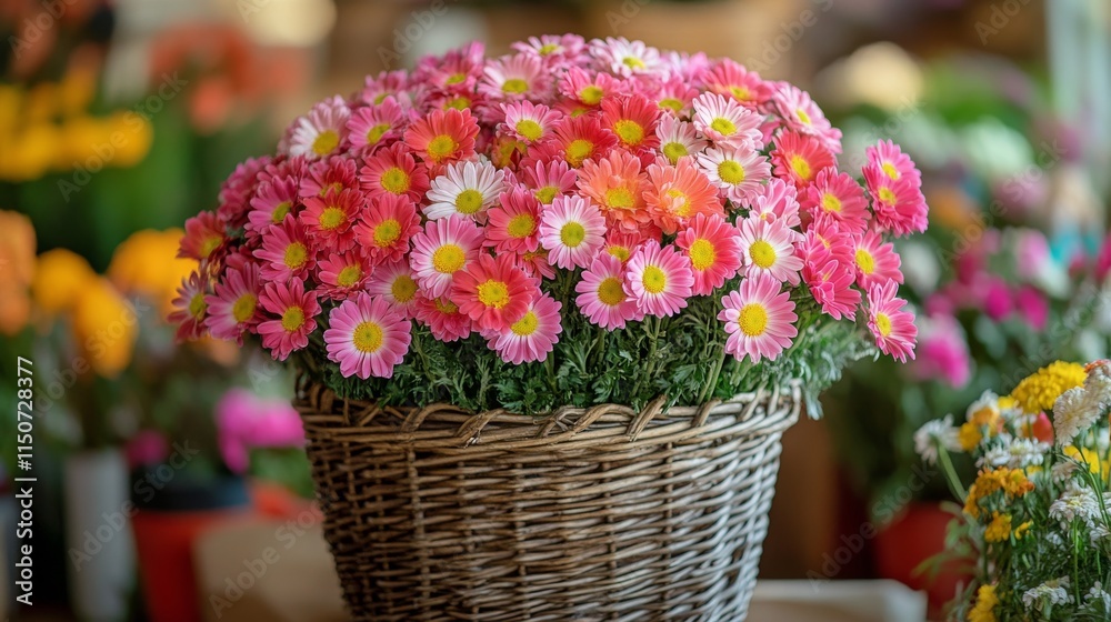Vibrant bouquet of spring flowers in a basket set against a lush garden background Vibrant bouquet of spring flowers in a basket set against a lush garden background