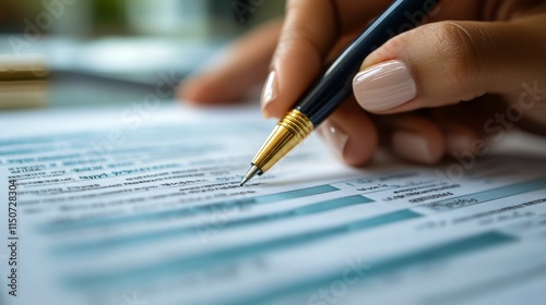 Hand holding a pen while reviewing financial documents in a well-lit office s...