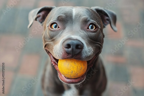 Happy dog holding a ball outdoors on a sunny day