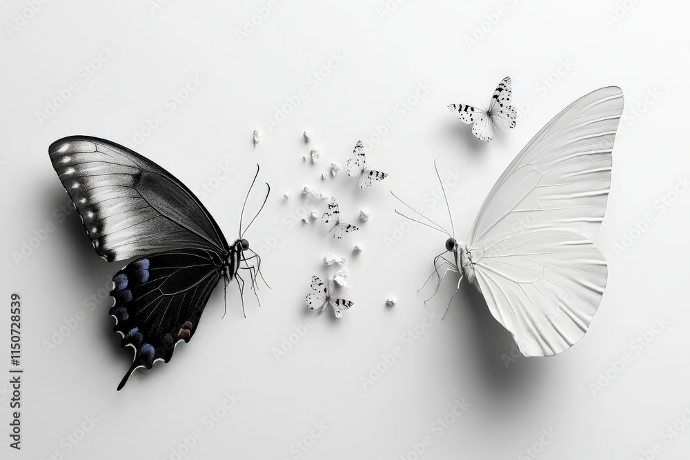 Obraz premium Butterflies of contrasting colors surrounded by delicate white elements on a light background