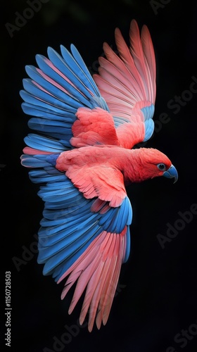 Colorful parrot in mid-flight showcasing vibrant feathers and striking colors...