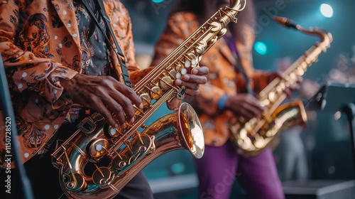 Exciting live performance with saxophonists dressed in vibrant outfits at a m...