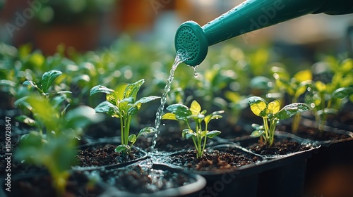 Watering young green plants in pots on a sunny day in a gardening space