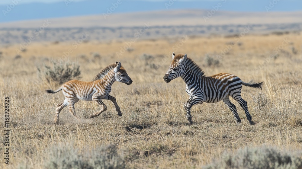 Obraz premium Playful zebra foal frolics in vibrant yellow flowers on a sunny day in the savanna
