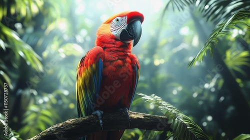 Vibrant parrot perched on a branch in the lush rain forest during morning light