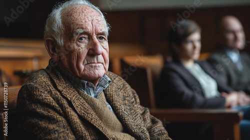 Elderly man sitting in a courtroom, pensive expression.