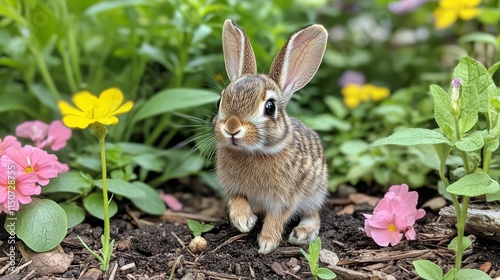 Cute rabbit resting on soft pink pom-poms in a cozy setting during daylight