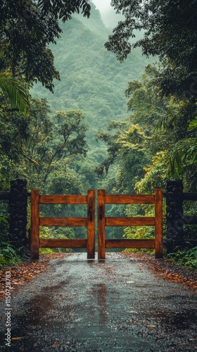 Beautiful forest entrance with a wooden gate and vibrant autumn foliage in th...