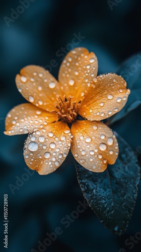Bright yellow flower with dew drops in a lush green environment during a sunn...
