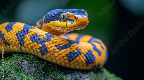 Colorful snake resting on mossy rock in a lush tropical environment