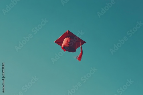 Graduation cap soaring high in a clear blue sky during a celebration of acade...