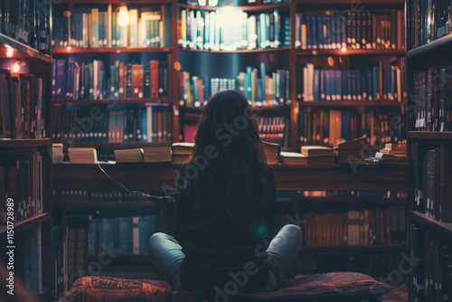 A woman stands on a staircase in a library, looking up at the shelves of books photo