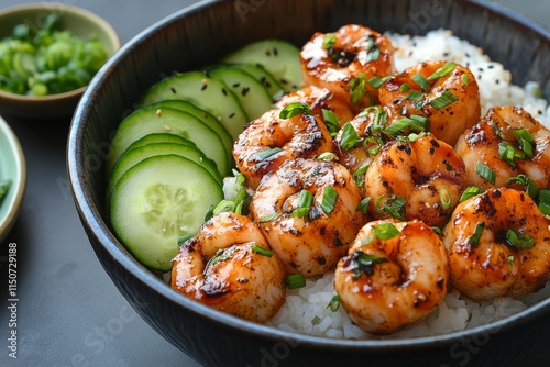 Grilled shrimp bowl with rice and fresh cucumber on a dark background