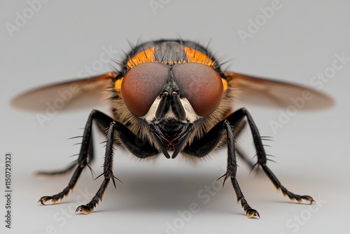 Close-up view of a fly showcasing intricate details of its body and eyes